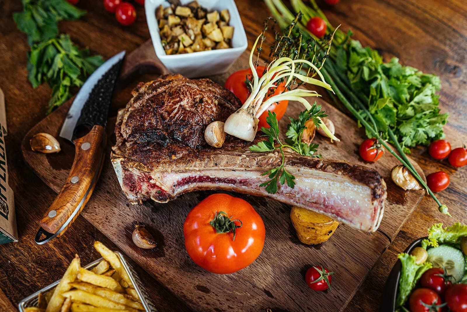 Wood-fired grilled rib of beef, close-up